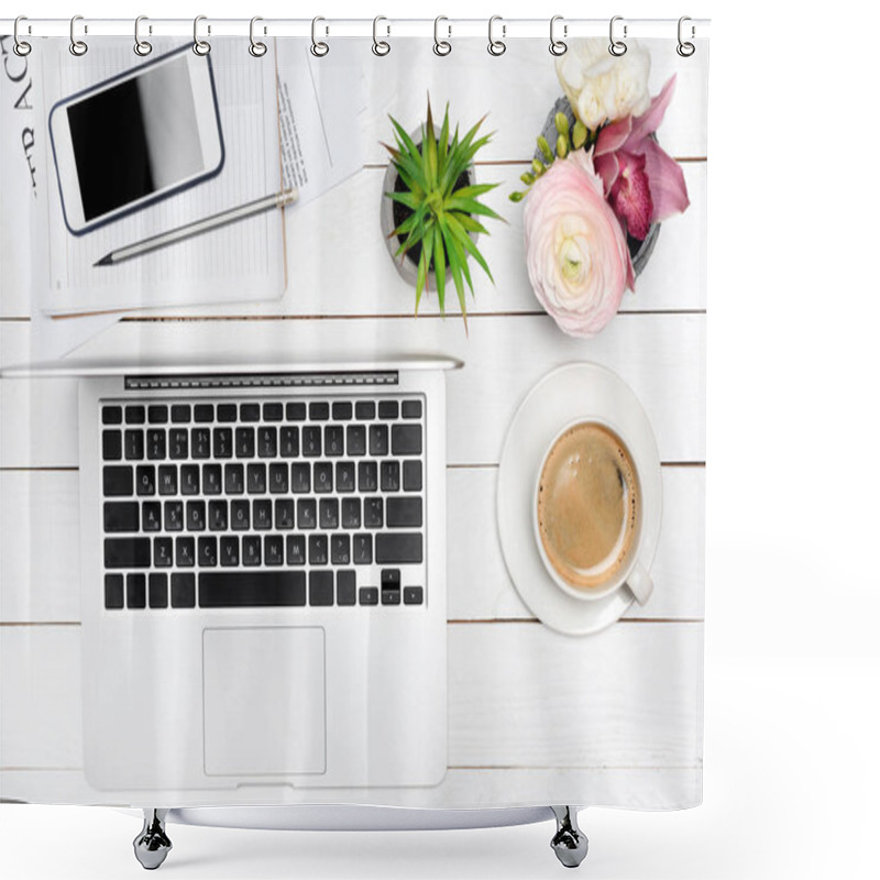 Personality  Laptop And Cup Of Coffee On Desk Shower Curtains