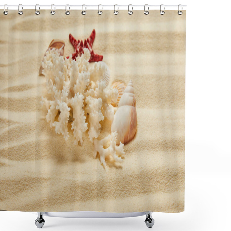 Personality  White Coral Near Seashells And Starfish On Sandy Beach In Summertime  Shower Curtains