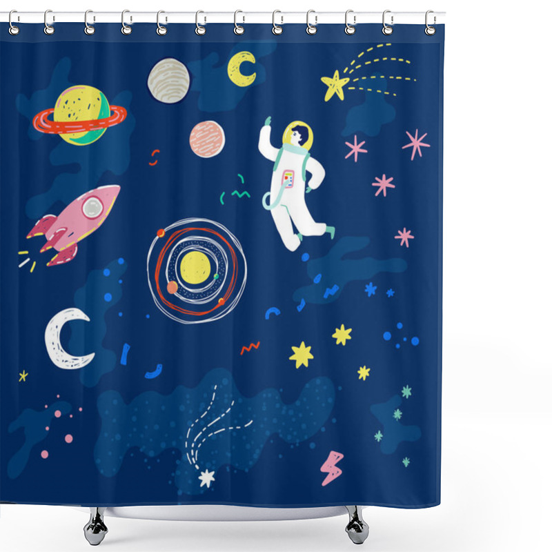 Personality  Trendy Retro 90s Style Vector Illustration With Cartoon Stars, Planets, Moon, Space Ship And Astronaut. Shower Curtains