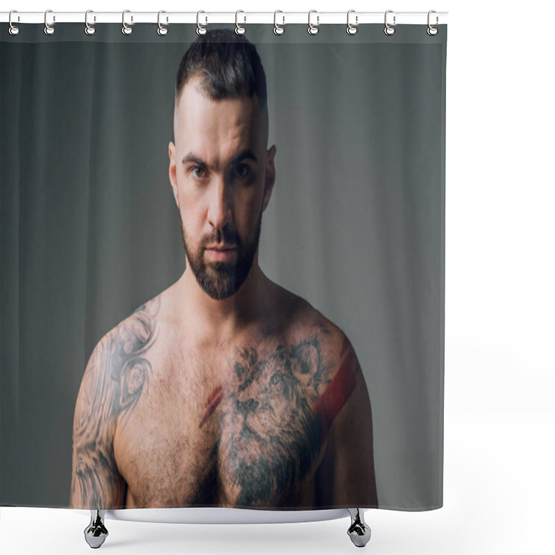 Personality  Handsome Awesome Bearded Man With Tattoo Is Looking At The Camera Shower Curtains