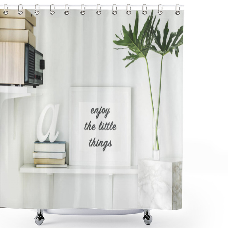 Personality  Bright White Interior Corner With Shelves And Inspirational Phrase In Frame On Wall Shower Curtains