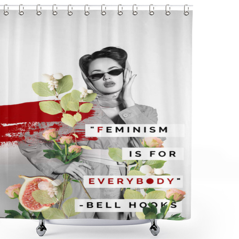 Personality  Creative Collage Of Stylish Woman In Retro Clothing And Sunglasses With Flowers And Feminism Is For Everybody Quote Shower Curtains