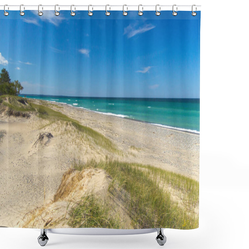 Personality  Sand Dunes Beach Panorama Landscape. Azure Blue Waters Of Lake Superior With Sand Dunes Leading To A Wide Sandy Beach On The Great Lakes Coast Of The Upper Peninsula In Michigan At The Two Hearted River Campground. Shower Curtains