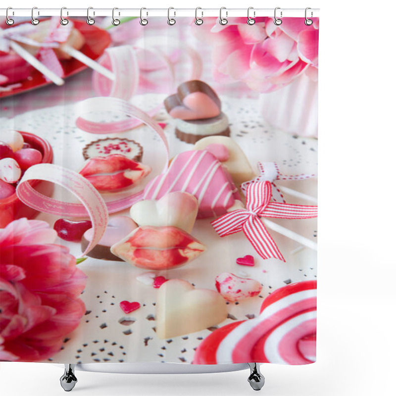 Personality  Yummy Sweets In A Heart Shape And Fesh Pink Tulips Shower Curtains