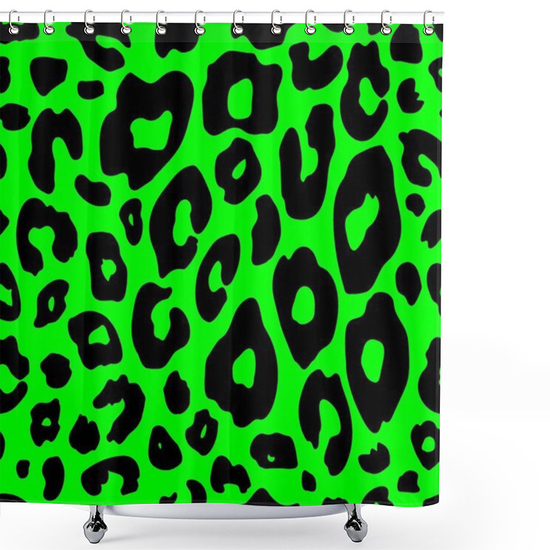 Personality   Imitation Leopard, Cheetah, Tiger Animal Print.Spotted Animal Skin Seamless Pattern.Vector Vintage 80s 90s Pattern. Black Spots On A Light Green Background.  Shower Curtains