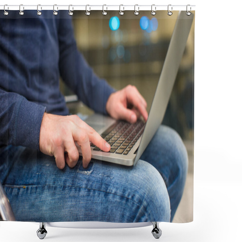 Personality  Businessman Using Laptop Or Notebook Computer While Sitting On The Chair At The Airport Shower Curtains