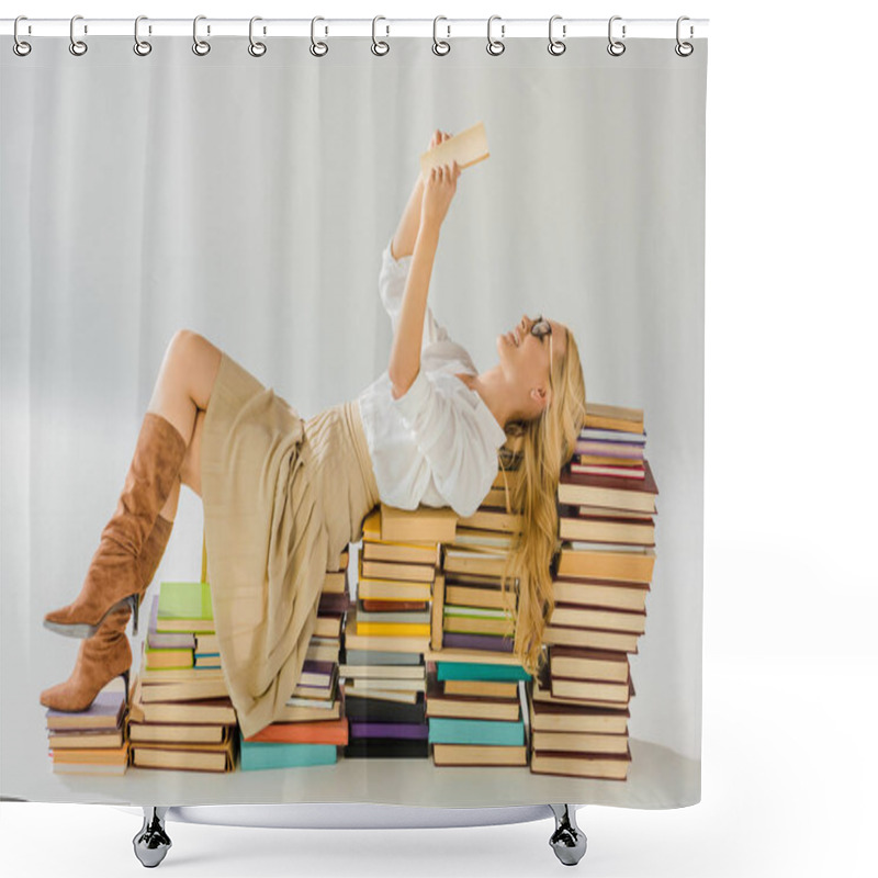 Personality  Beautiful Blonde Woman In Glasses Reading And Laying On Pile Of Retro Books Shower Curtains