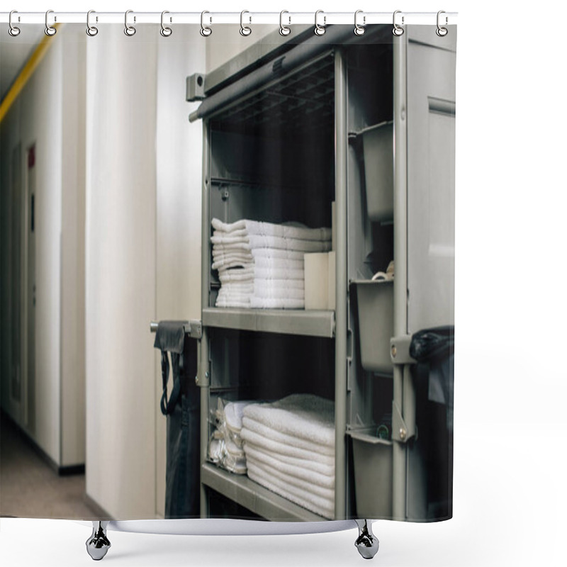 Personality  Housekeeping Cart With Clean Towels At Hotel Shower Curtains