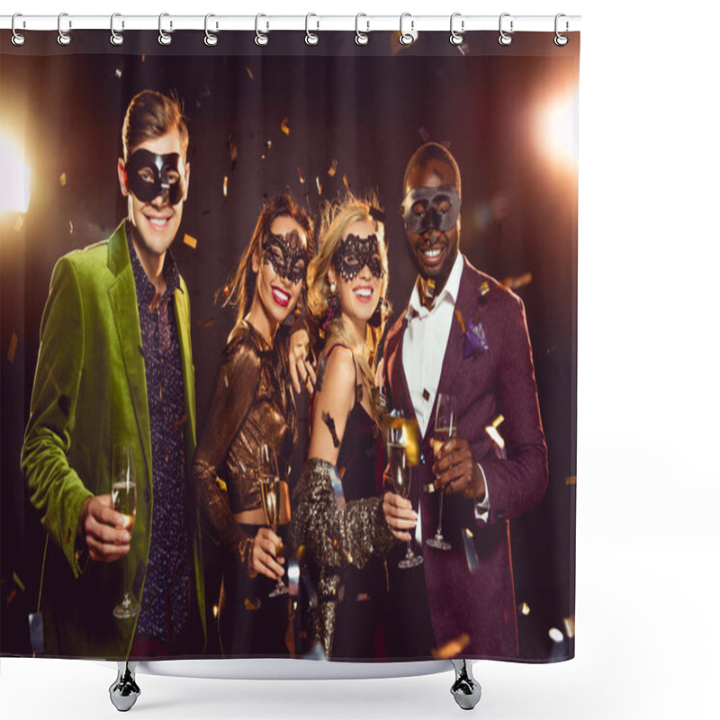 Personality  Glamorous Multiethnic Friends In Carnival Masks Holding Champagne Glasses And Celebrating New Year On Party Shower Curtains