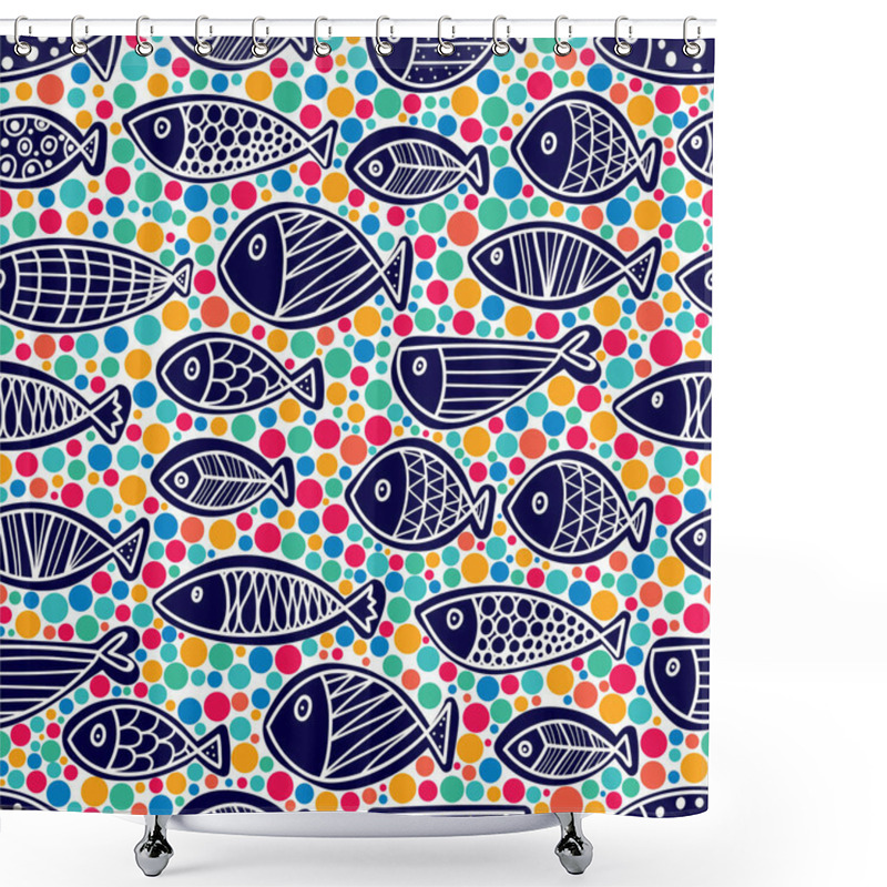 Personality  Cute Fish And Polka Dots. Kids Line Background. Seamless Pattern. Can Be Used In Textile Industry, Paper, Background, Scrapbooking. Shower Curtains