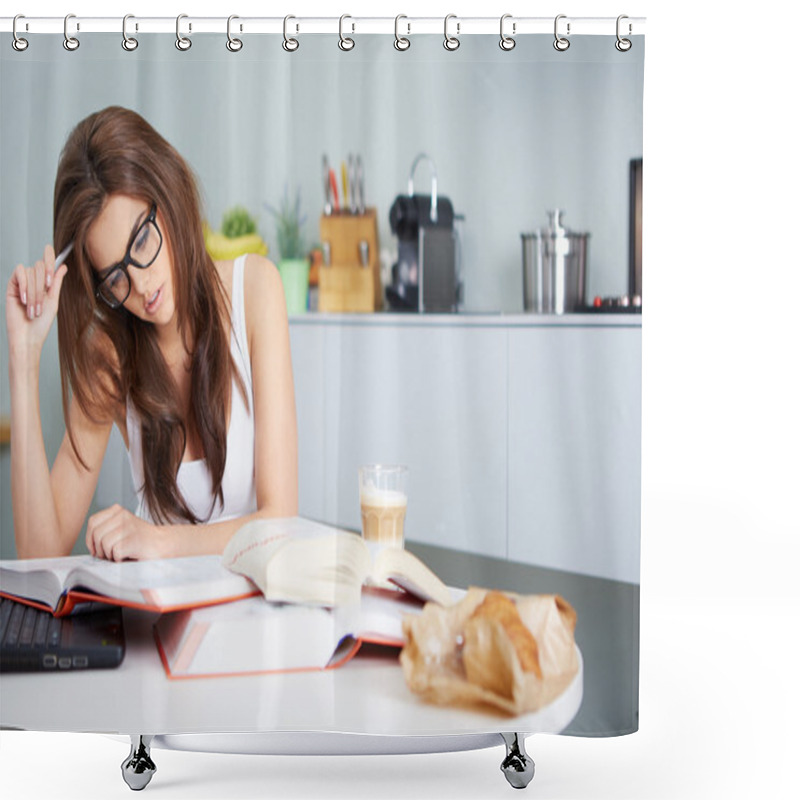 Personality  Happy Young Woman Studying In Kitchen Shower Curtains