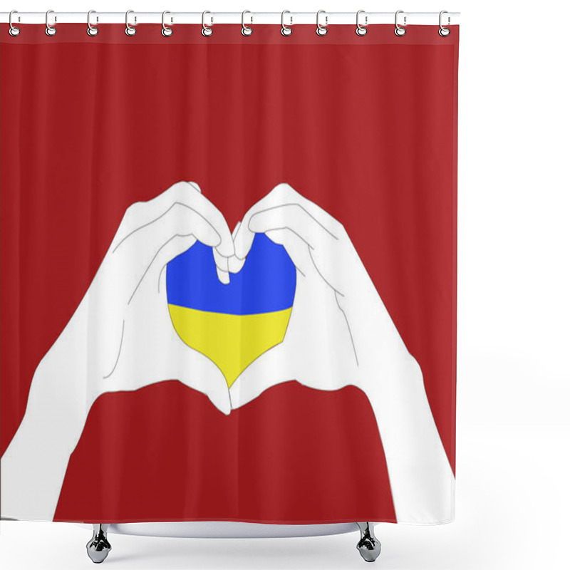 Personality  Illustration Of Hands Showing Heart Sign Near Ukrainian Flag Isolated On Red Shower Curtains