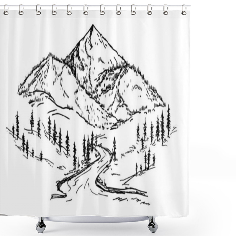 Personality  Mountain Sketch With Pine Forest, Engraving Style, Hand Drawn Vector Illustration. Mountain Peak Icon Logo Design Minimalist. Mountain Shapes For Logos Shower Curtains