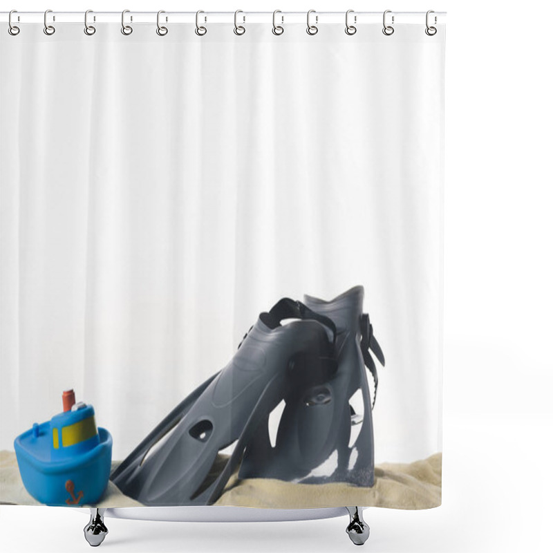 Personality  Flippers And Toy Boat In Sand Isolated On White Shower Curtains