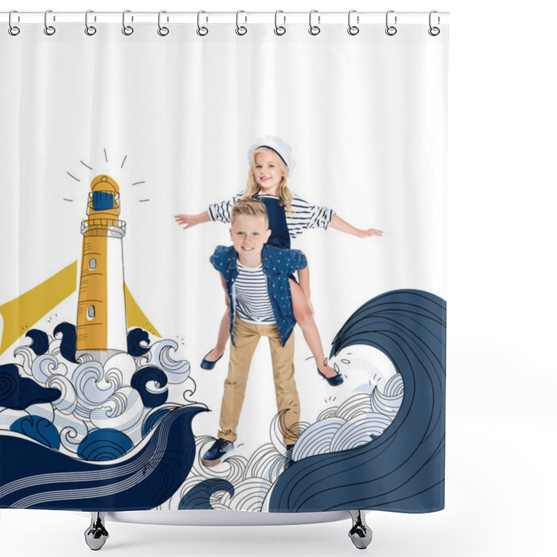 Personality  Boy Piggybacking Sister  Shower Curtains