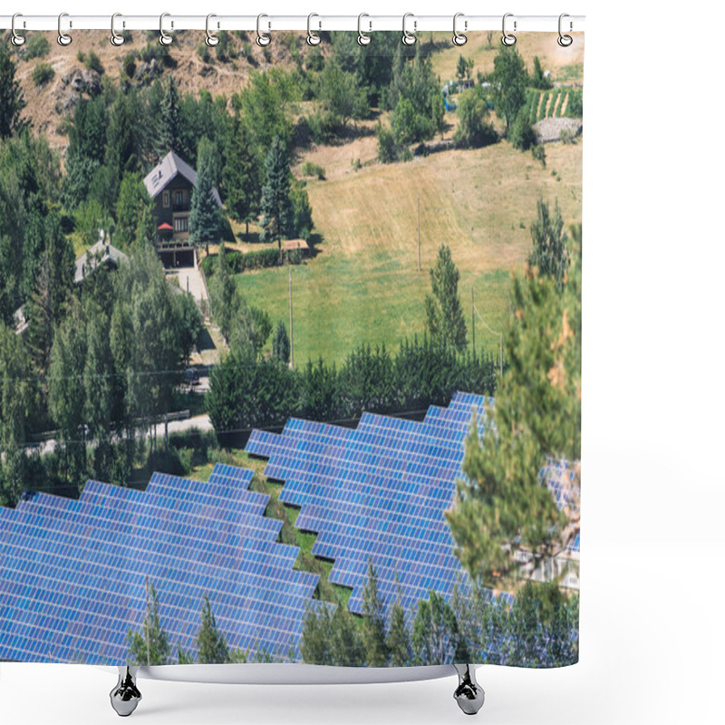 Personality  Aerial View Of Solar Panels In The Field In The Countryside With House And Cultivation On Background. Solar Power Plant. Blue Solar Panels. Alternative Source Shower Curtains