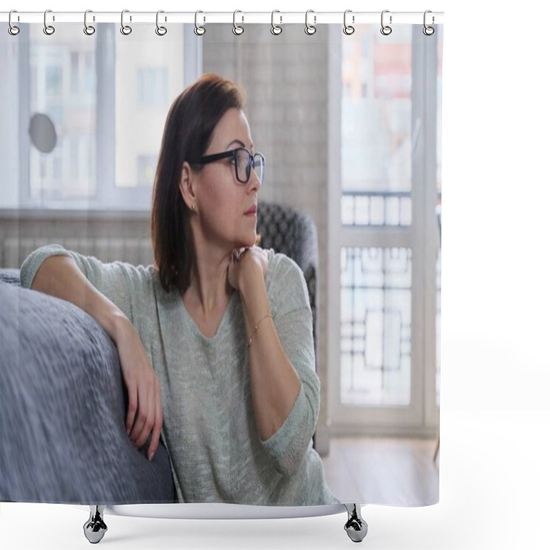 Personality  Depressed Mature Woman Sitting On The Floor At Home Shower Curtains