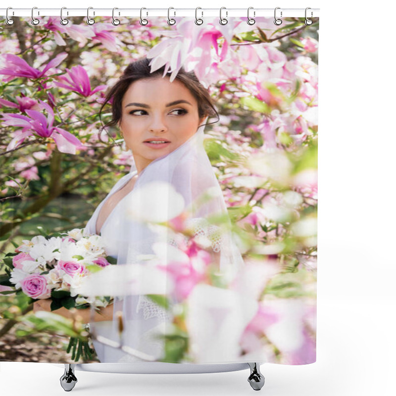 Personality  Bride With Bouquet Looking Away Near Blooming Magnolia Tree  Shower Curtains