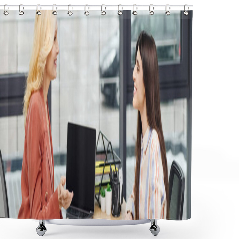 Personality  Two Businesswomen Engaging In A Discussion At An Office Table. Shower Curtains