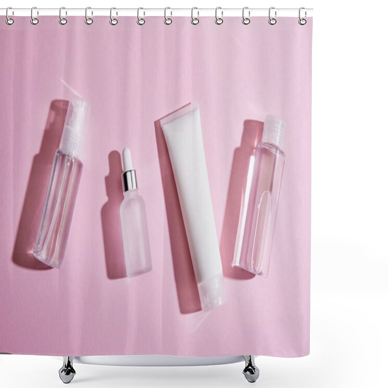 Personality  Top View Of Skincare Set On Pink Background Shower Curtains