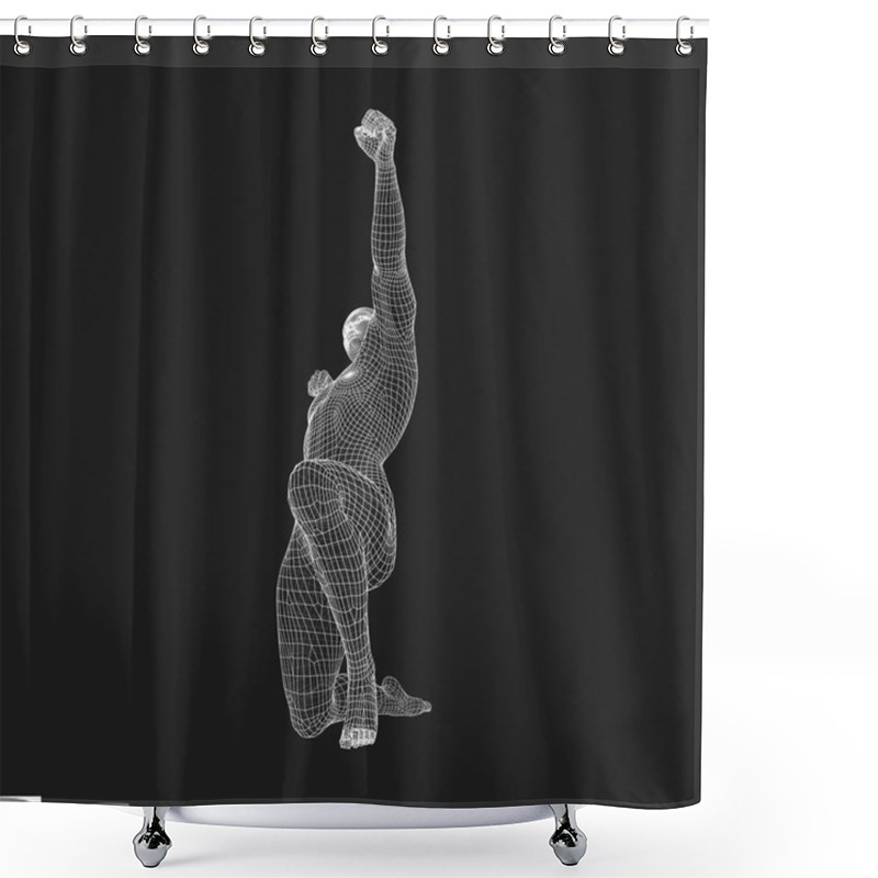 Personality  Human With Arm Up. Silhouette For Sport Championship. The Victory Celebration. 3D Model Of Man. Vector Illustration. Shower Curtains