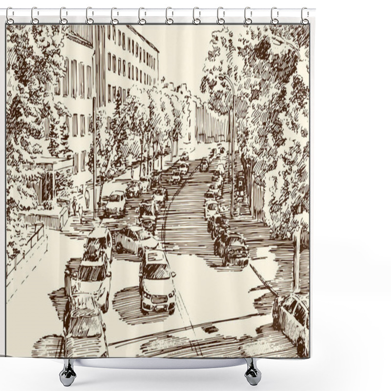 Personality  Russia.Moscow. Urban View Of The City Street With Buildings, People And Cars. Summer Day Black And White Hand Drawing With Pen And Ink. Sketch Style Shower Curtains