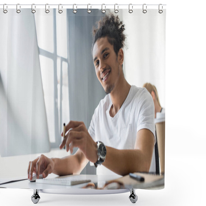 Personality  Handsome Young African American Man Smiling At Camera While Working With Desktop Computer In Office Shower Curtains