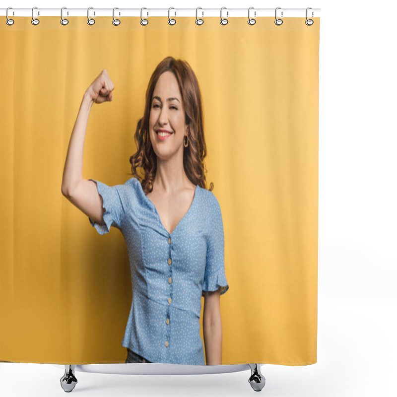 Personality  Cheerful Woman Showing Power While Looking At Camera On Yellow Background Shower Curtains