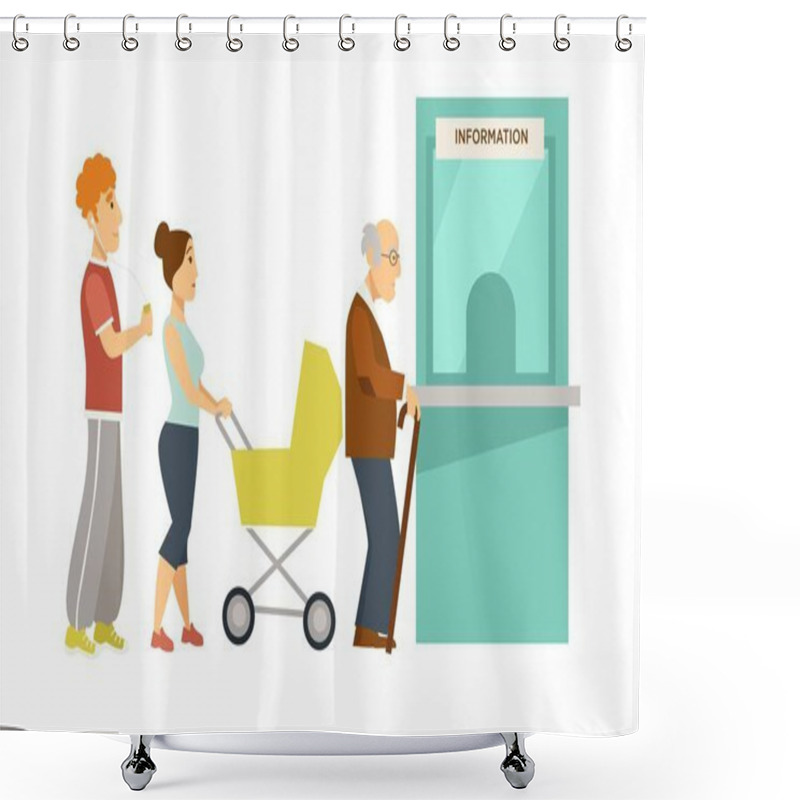 Personality  Line To Small Information Window Made Of Glass. Young Guy With Headphones, Mother With Baby Carriage And Elderly Man That Has Cane Isolated Cartoon Flat Vector Illustration On White Background. Shower Curtains