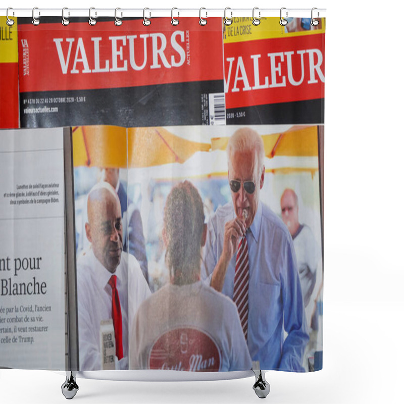 Personality  Occitanie, France - Oct. 2020 - Joe Biden's Portrait In A French Conservative Magazine, Enjoying An Ice-cream Cone And Wearing Sun-glasses During His Campaign, As The Candidate Ran For President Shower Curtains