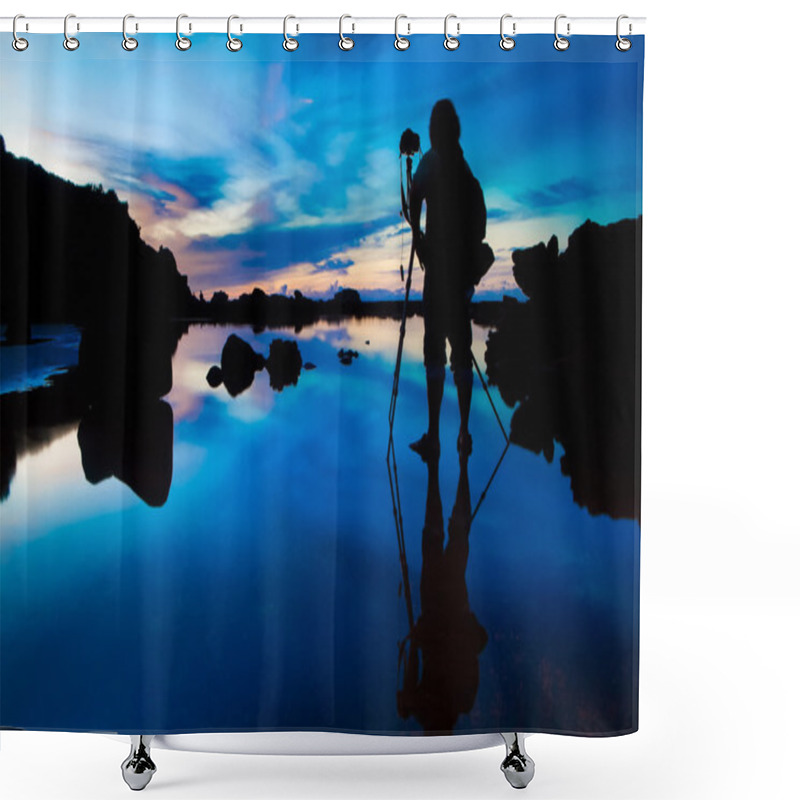 Personality  Silhouette Of Photographer Taking Sunset Sunrise With Reflection Shower Curtains