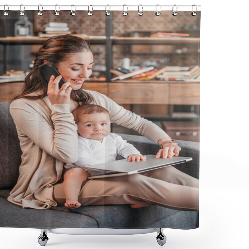 Personality  Mother With Her Son Using Laptop Shower Curtains