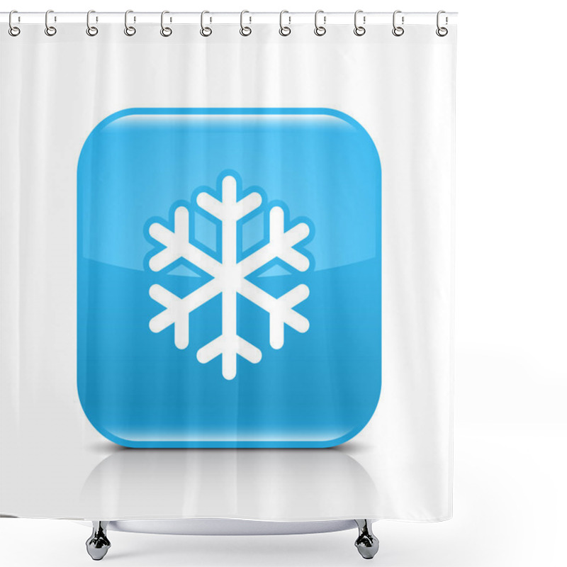 Personality  Blue Glossy Web Button With Low Temperature Sign Snowflake Symbol. Rounded Square Shape Icon With Black Shadow And Gray Reflection On White Background. This Vector Illustration Saved In 8 Eps Shower Curtains