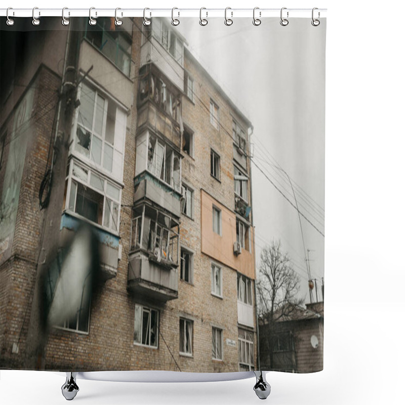 Personality  Borodyanka, Kyiv Region, Ukraine. April 08, 2022: Destroyed Building After Russian Occupation  Shower Curtains