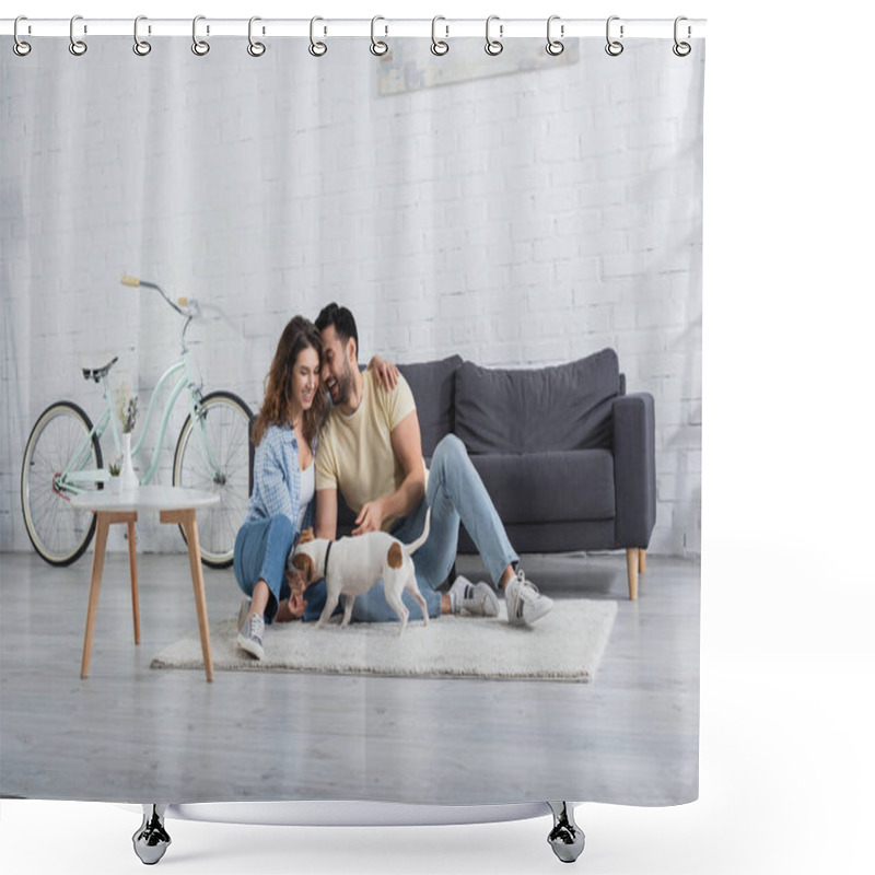 Personality  Cheerful Interracial Couple Hugging Near Jack Russell Terrier In Modern Living Room Shower Curtains