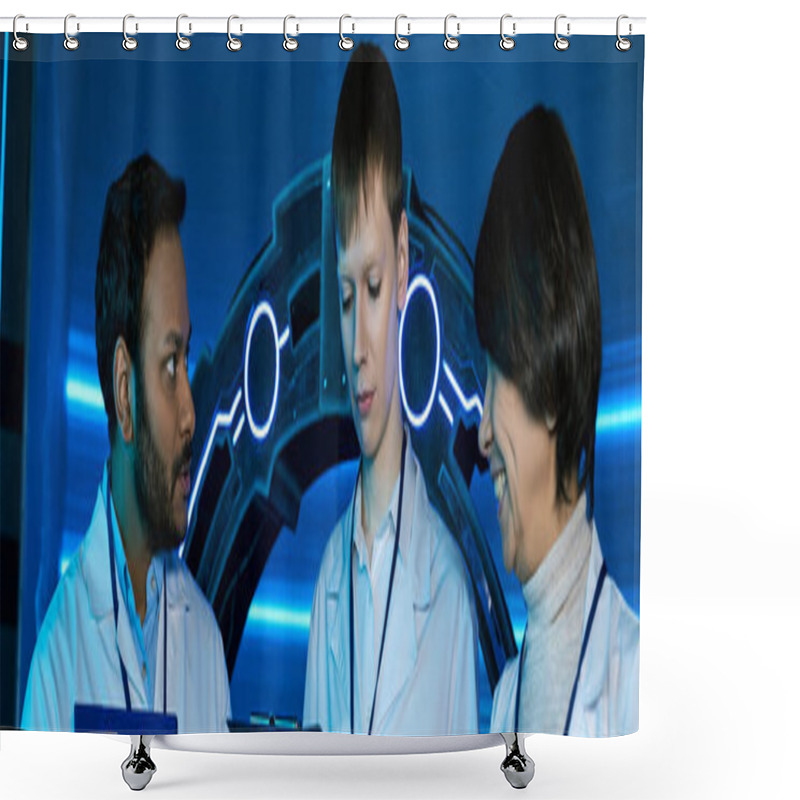 Personality  Banner, Exploring Tomorrow, Two Scientists And An Intern Collaborate At A Futuristic Research Center Shower Curtains