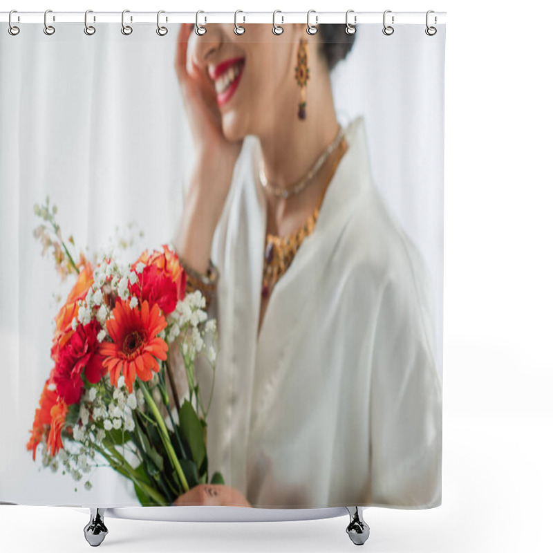 Personality  Cropped View Of Cheerful Indian Bride Holding Bouquet Of Flowers On White Shower Curtains