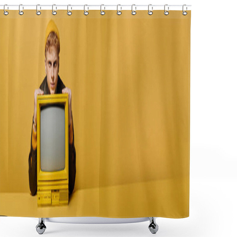 Personality  A Stylish Young Redhead Models Trendy Winter Wear And Leaning On A Retro TV Against A Yellow Background, Banner Shower Curtains