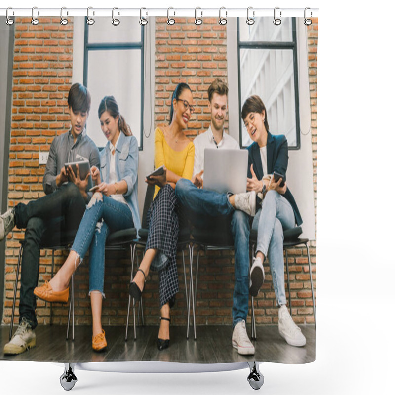 Personality  Multiethnic Diverse Group Of Young And Adult People Using Smartphone, Laptop Computer, Digital Tablet Together. Modern Lifestyle With Information Technology Gadget, Education, Social Network Concept Shower Curtains