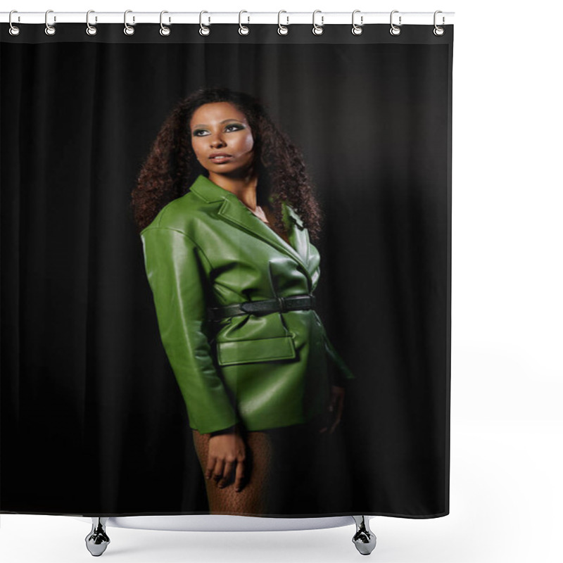 Personality  A Beautiful Woman Showcases Confidence In A Bold Green Outfit, Radiating Elegance And Poise. Shower Curtains