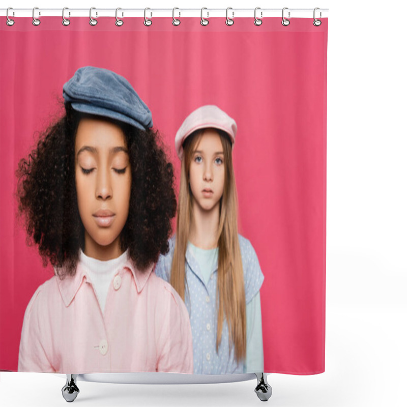 Personality  Interracial Girls In Stylish Clothes And Caps Posing Isolated On Pink Shower Curtains