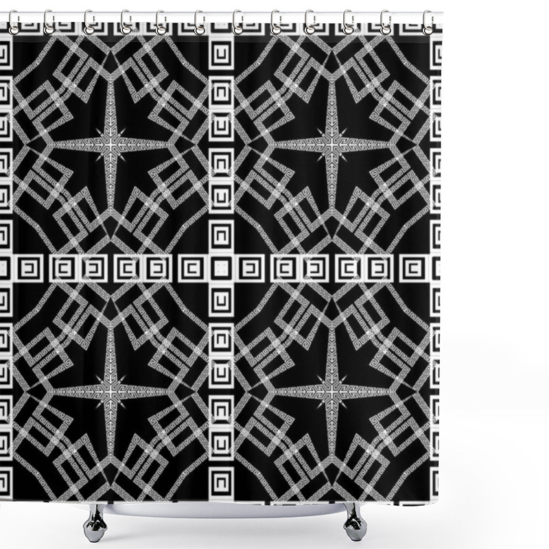 Personality  Black And White Greek Geometric Seamless Pattern. Ethnic Tribal Style Ornamental Abstract Background. Geometry Repeat Backdrop. Greek Key Meanders Ornaments With Geometrical Shapes, Borders, Frames Shower Curtains