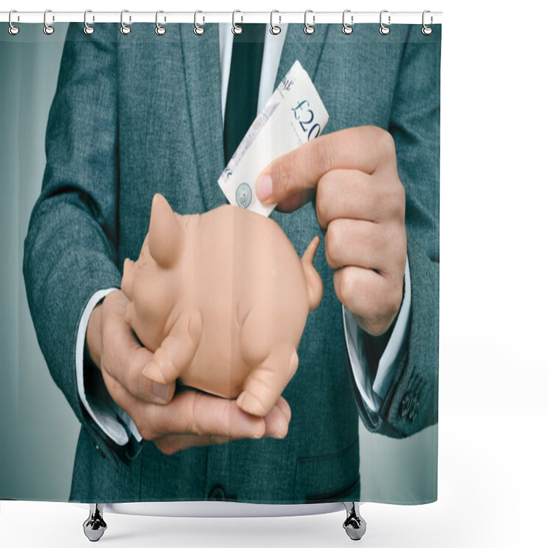 Personality  Man In Suit Put A Pound Sterling Bill In A Piggy Bank Shower Curtains