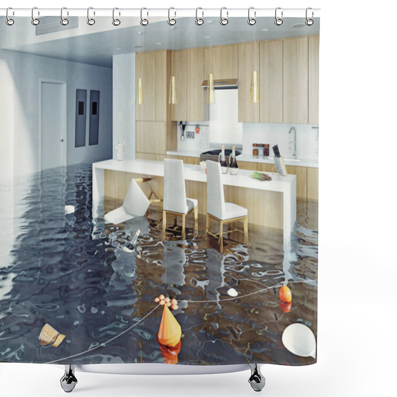 Personality  Flooding Kitchen Interior. 3d Rendering Concept Shower Curtains