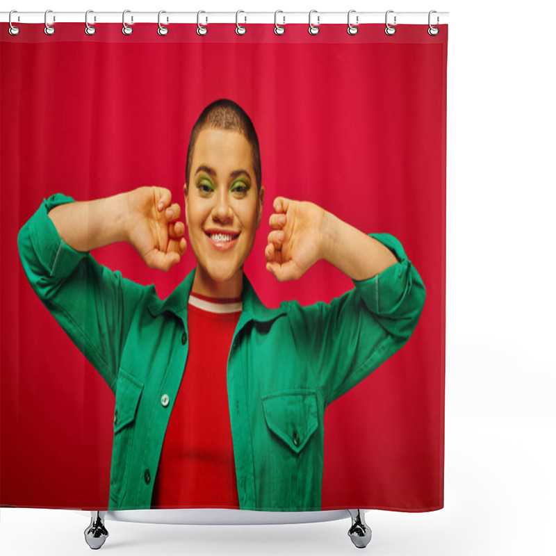 Personality  Fashion Statement, Cheerful And Short Haired Woman In Green Outfit Posing On Red Background, Generation Z, Youth Culture, Modern Backdrop, Individuality, Personal Style, Looking At Camera Shower Curtains