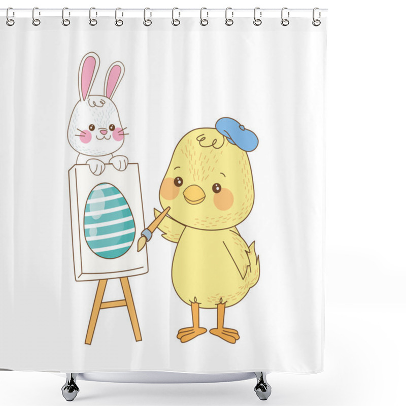 Personality  Little Rabbit And Chick Painting Egg Easter Characters Shower Curtains