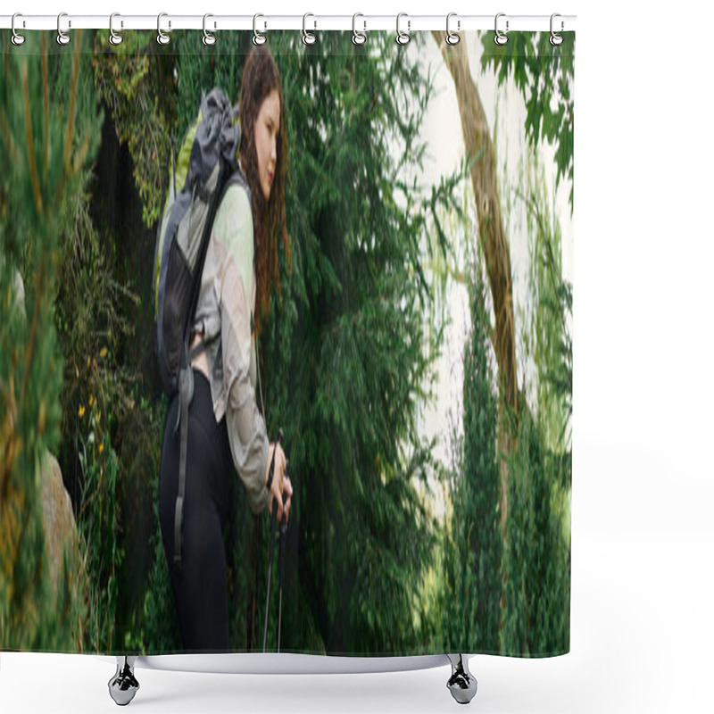 Personality  A Confident Plus Size Woman Enjoys A Peaceful Stroll Through A Vibrant Forest Surrounded By Greenery. Shower Curtains