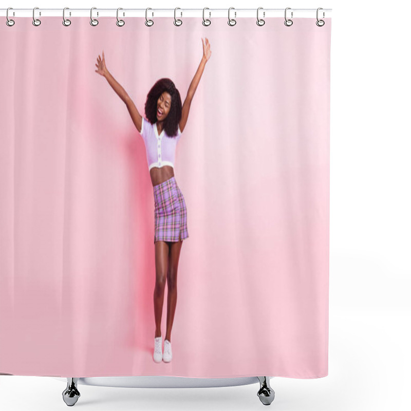 Personality  Full Length Body Size View Of Pretty Cheerful Thin Girl Having Fun Good Mood Isolated Over Pink Pastel Color Background Shower Curtains