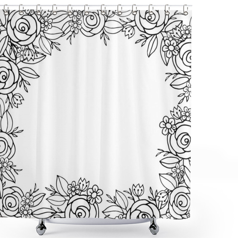 Personality  Doodle Flower Hand Drawn Floral Square Frame Featuring Roses, Daisies, And Leaves In Monochrome. Perfect For Coloring Pages, Invitations, And Minimalist Designs Shower Curtains