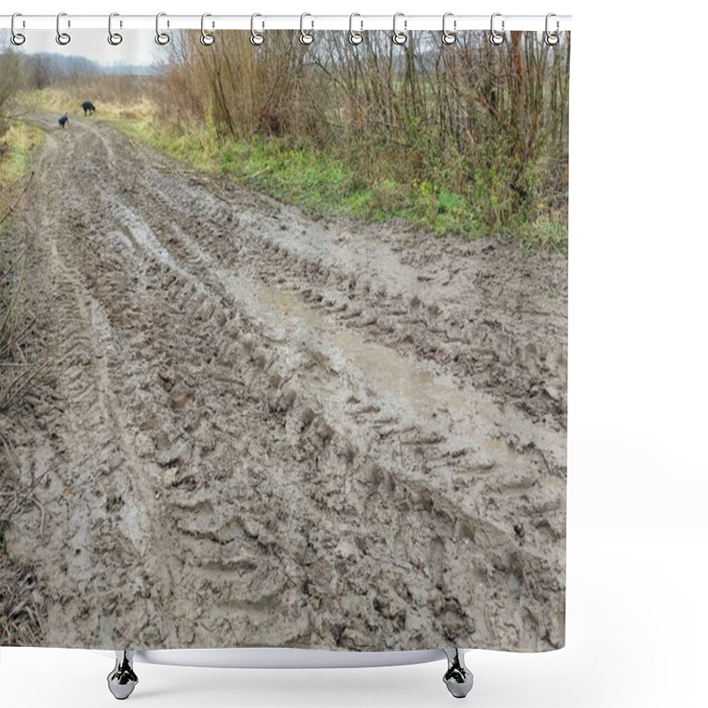 Personality  Dirt Road Covered With Traces Of Heavy Transport. Dirt Field Road On Which Two Black Dogs Walk Is Covered With Prints Of Transport Wheels. Shower Curtains